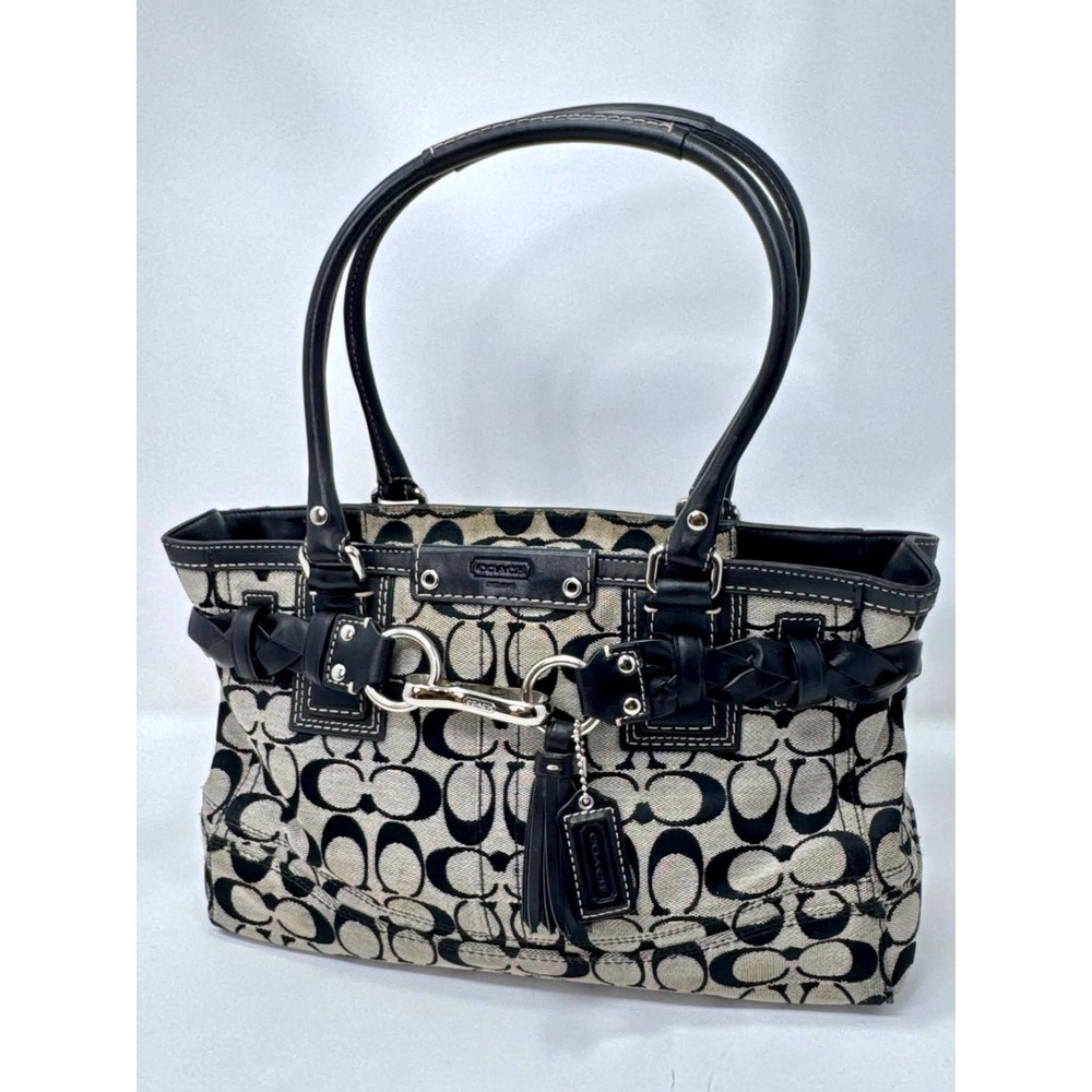 Coach F15665 Hamptons Signature Carryall Black Gray Jacquard Braided Leather Y2K
